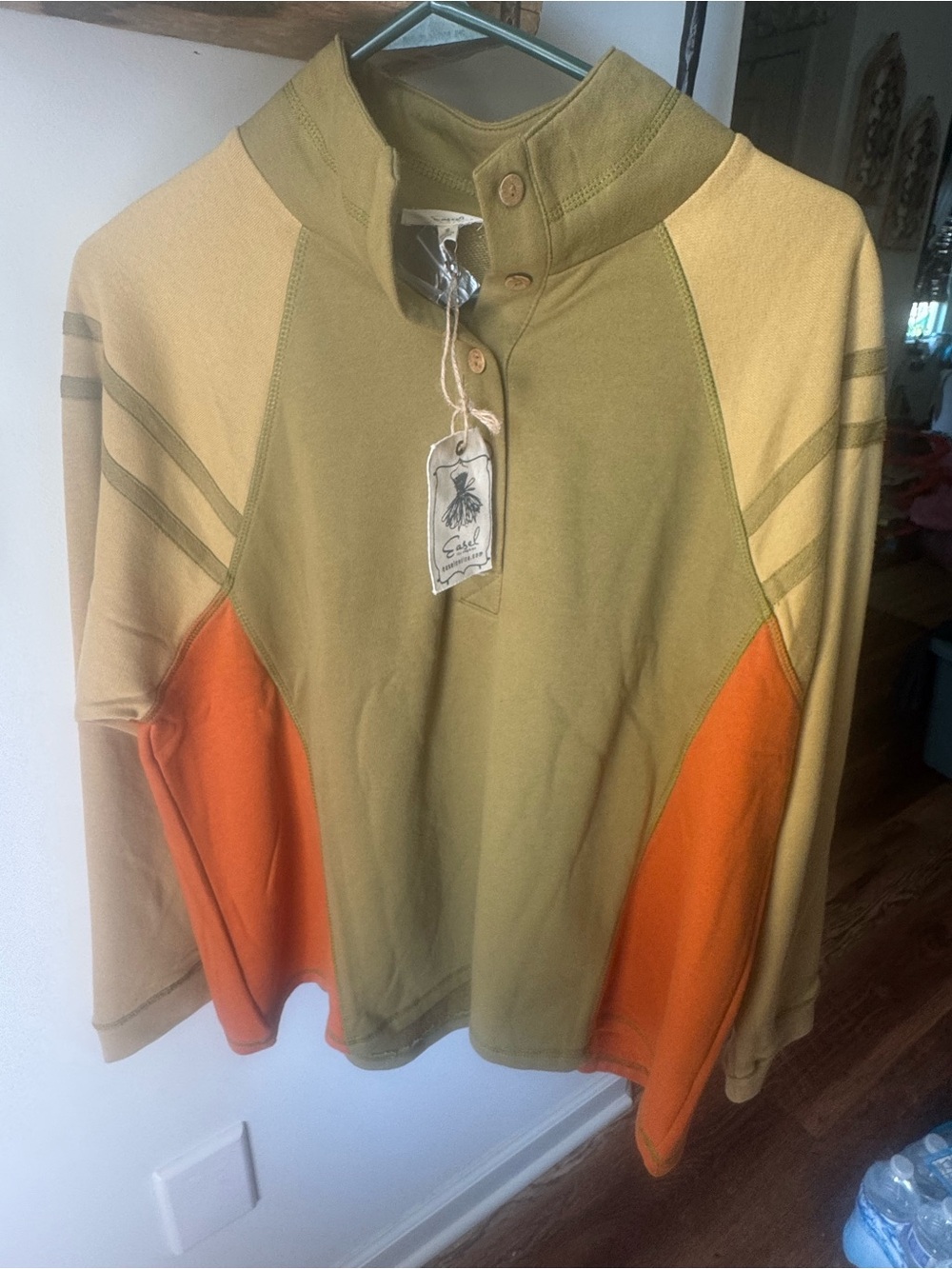 Olive & Orange Colorblock Pullover with Stand Collar easel small nwt